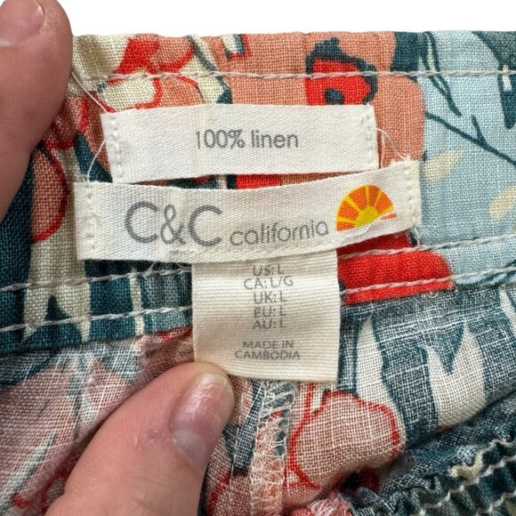 C&C California Multicolor Floral 100% Linen Flowy Pants Sz Large Blue Red Cream - Picture 9 of 9